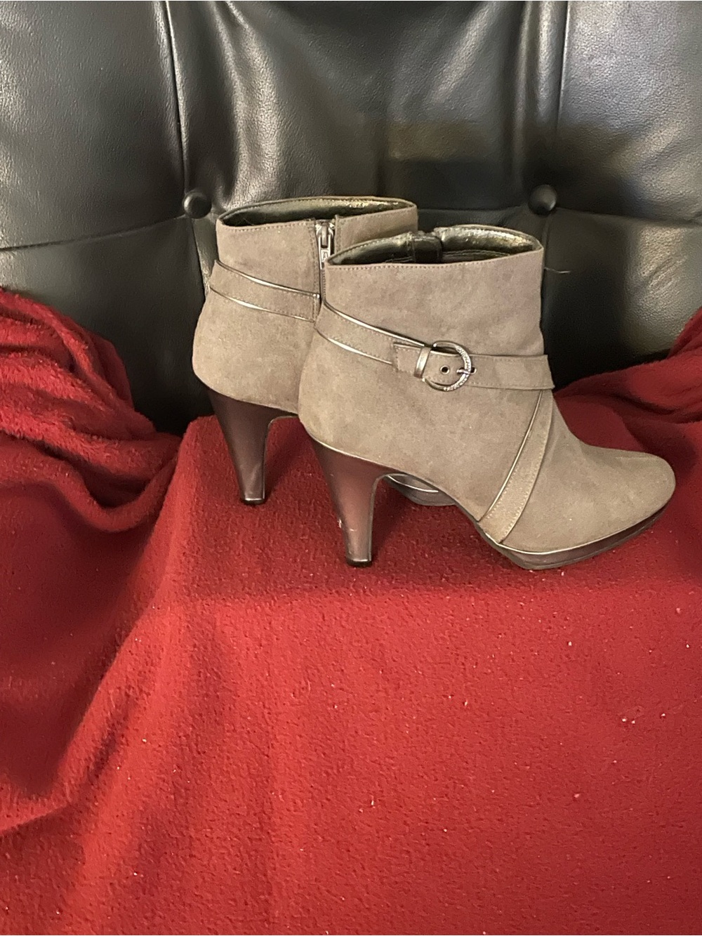 Christian Siriano Dark Grey faux Suede Ankle Booties with Buckle Accent
